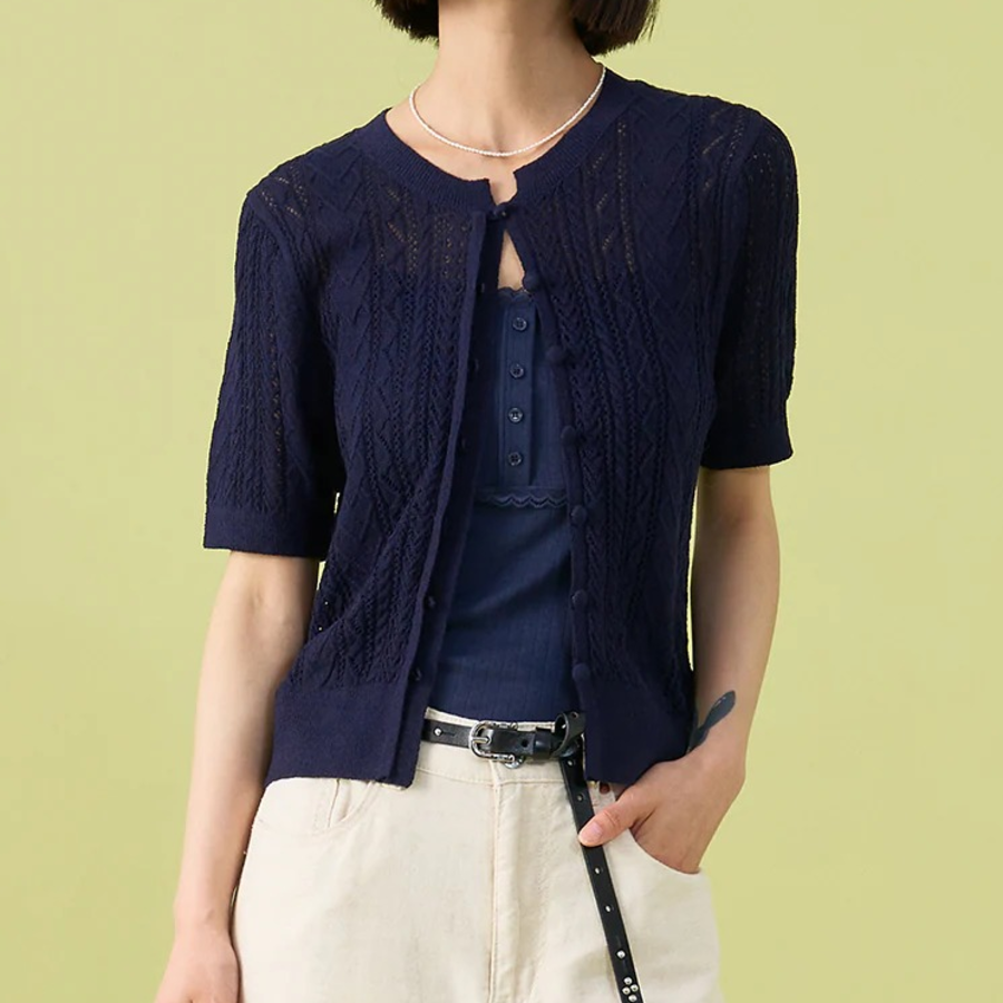 8 seconds Puff Sleeve Openwork Cardigan — Navy