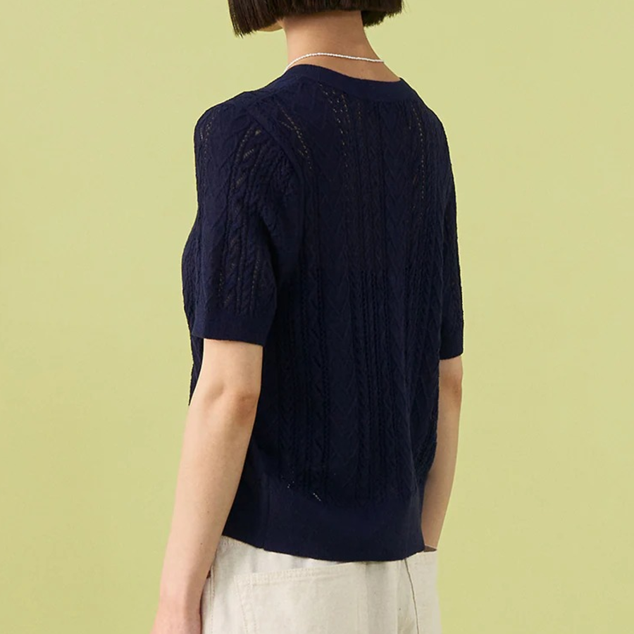 8 seconds Puff Sleeve Openwork Cardigan — Navy