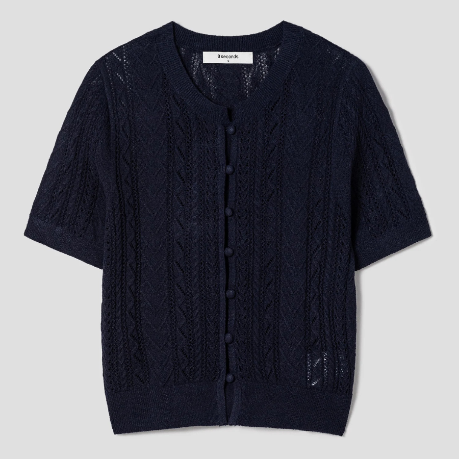 8 seconds Puff Sleeve Openwork Cardigan — Navy