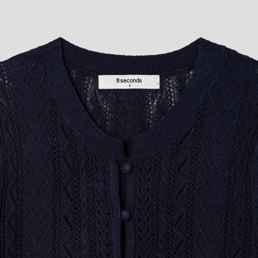 8 seconds Puff Sleeve Openwork Cardigan — Navy