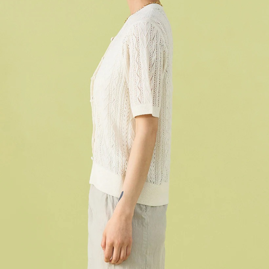 8 seconds Puff Sleeve Openwork Cardigan — Ivory