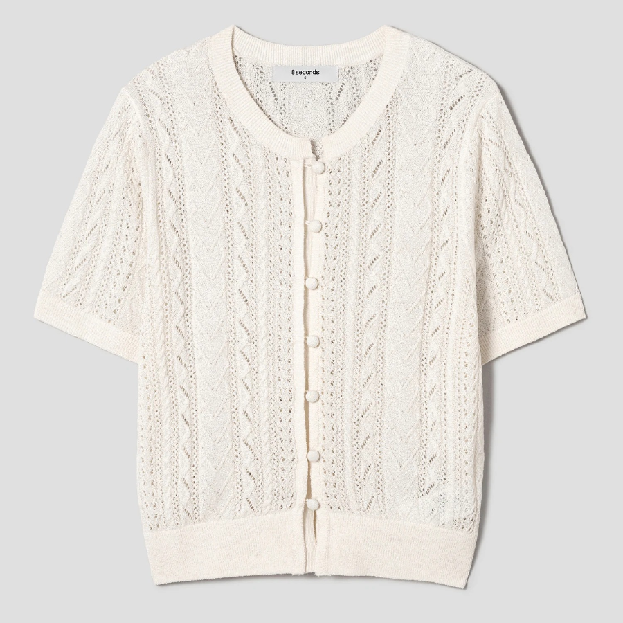 8 seconds Puff Sleeve Openwork Cardigan — Ivory