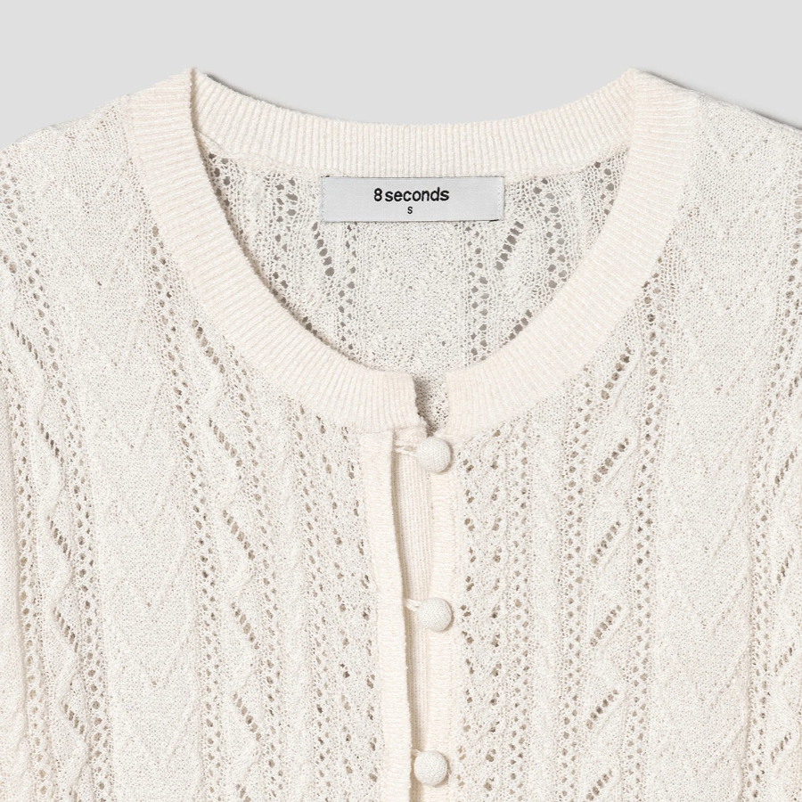 8 seconds Puff Sleeve Openwork Cardigan — Ivory