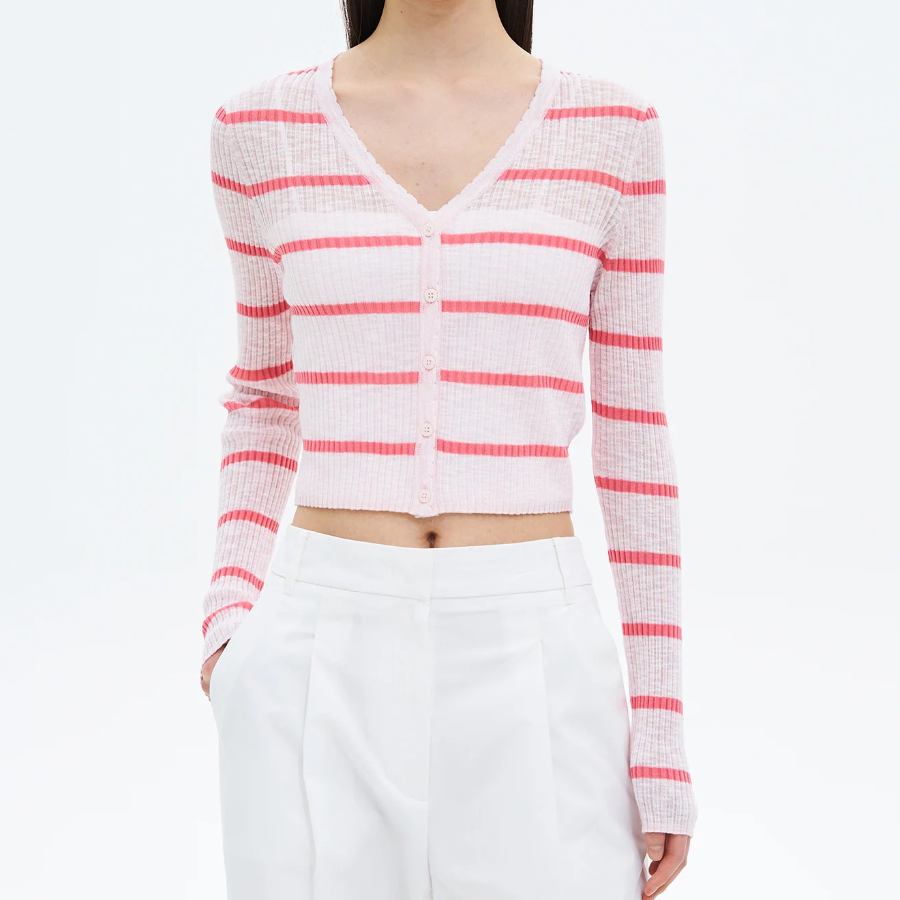 8 seconds Stripe Long Sleeve Cardigan — Light Pink
