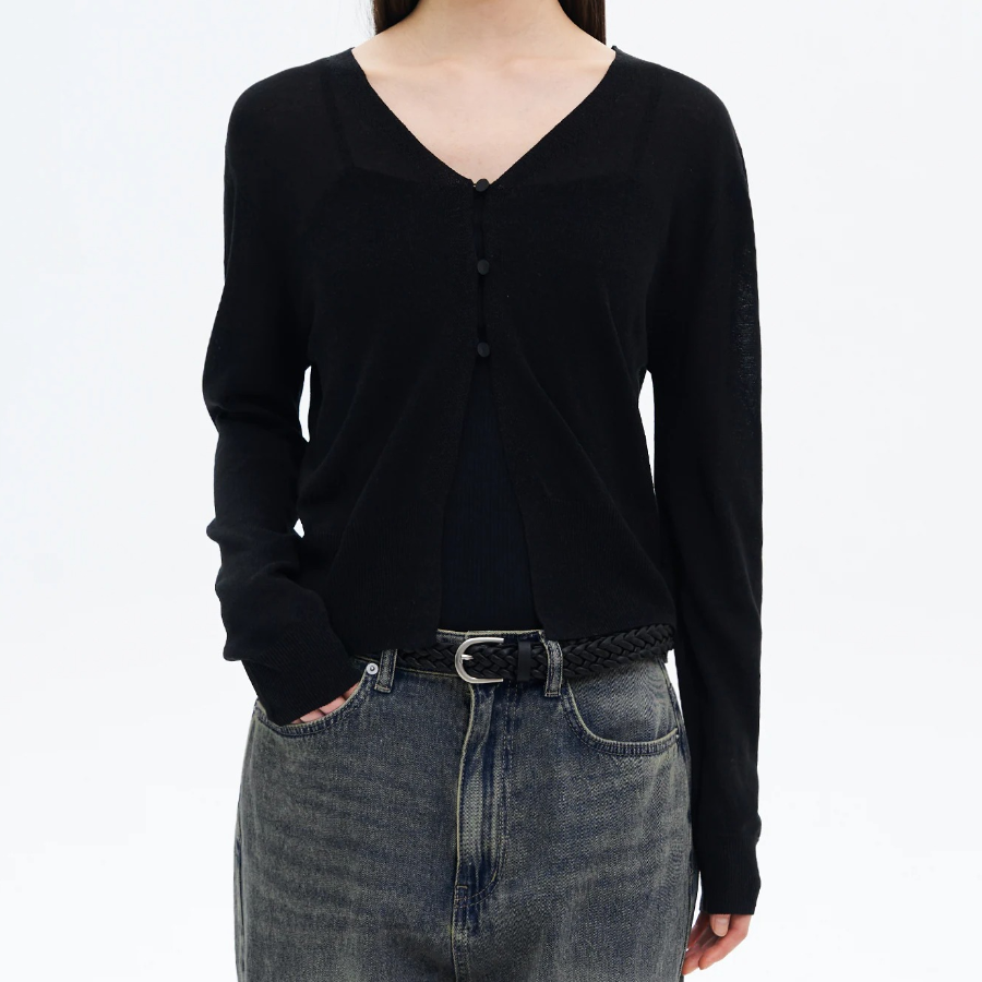 8 seconds Linen Blend V-neck Cardigan — Black