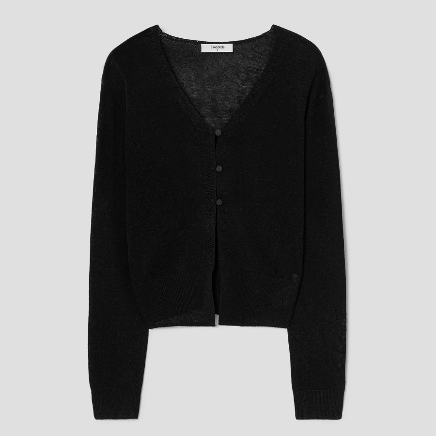 8 seconds Linen Blend V-neck Cardigan — Black