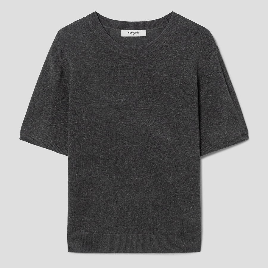 8 seconds Linen Blend Round Neck Short Sleeve Pullover — Ash