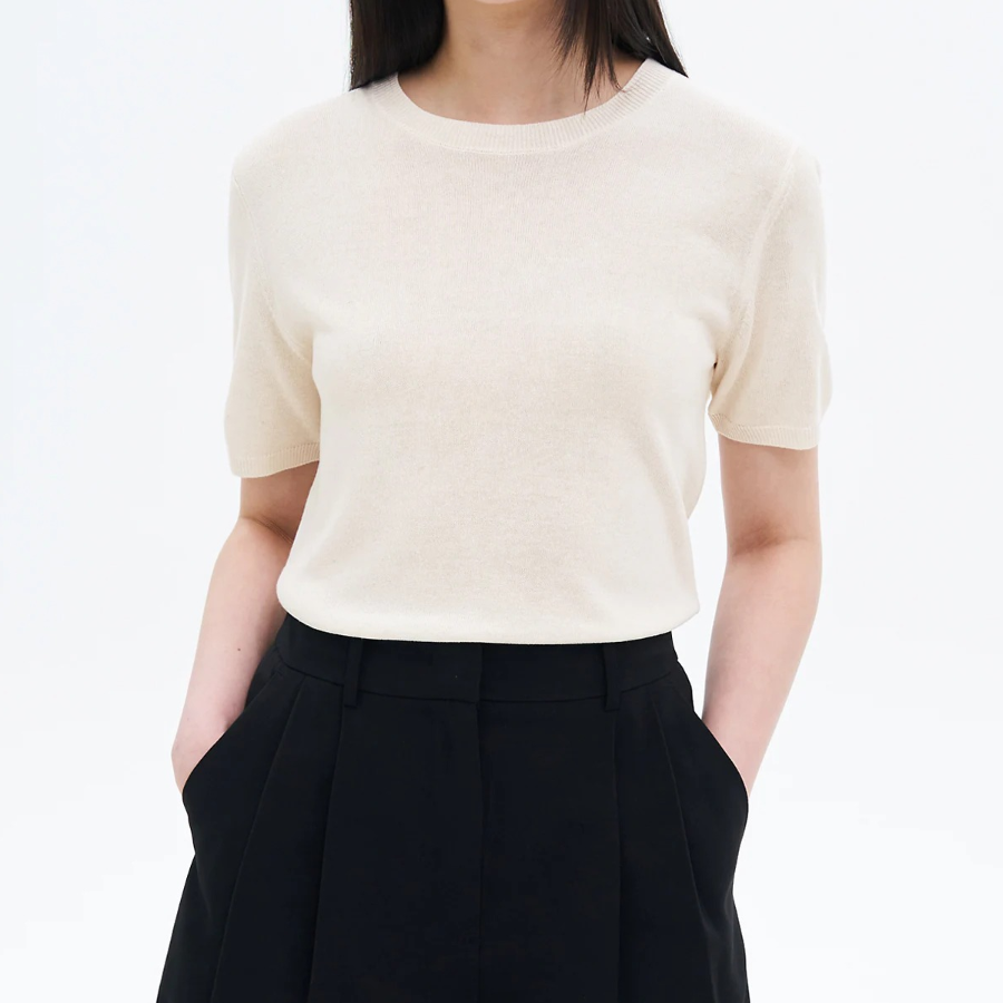 8 seconds Linen Blend Round Neck Short Sleeve Pullover — Ivory