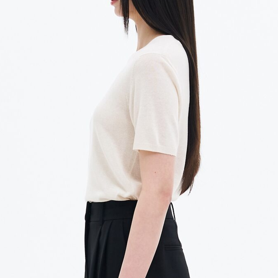 8 seconds Linen Blend Round Neck Short Sleeve Pullover — Ivory