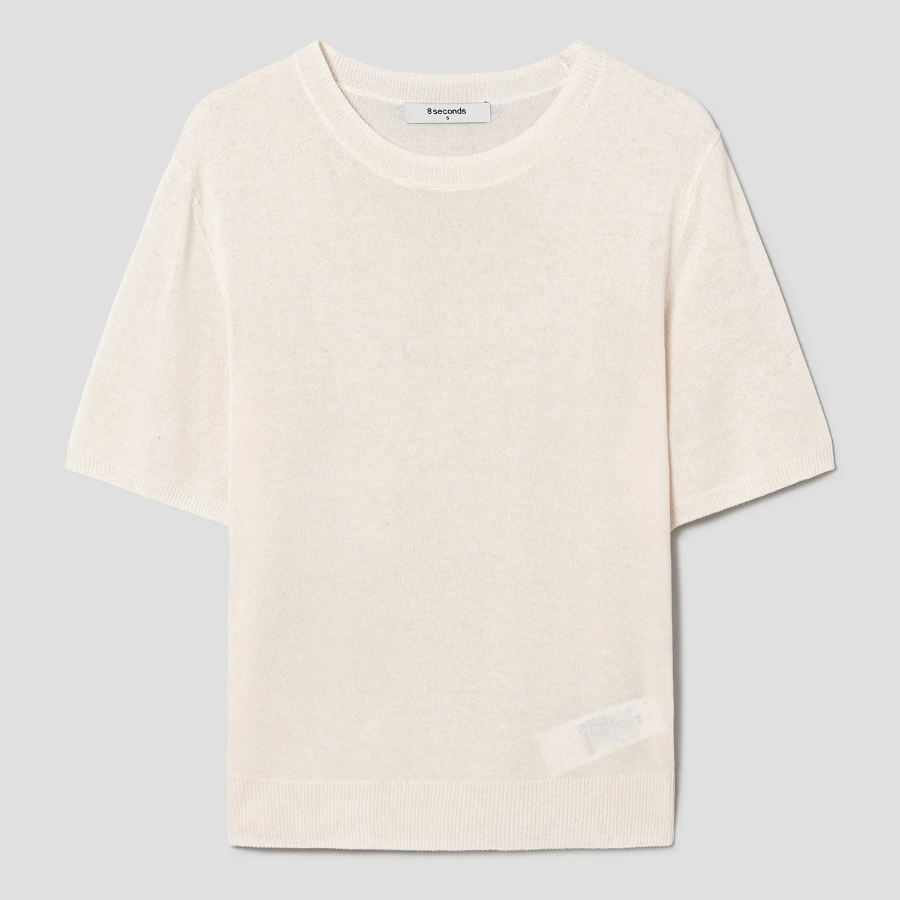 8 seconds Linen Blend Round Neck Short Sleeve Pullover — Ivory