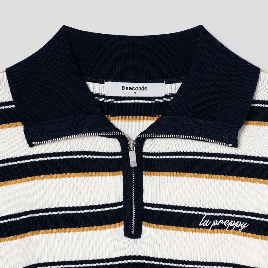 8 seconds Multi Stripe Collar Knit Pullover — Navy