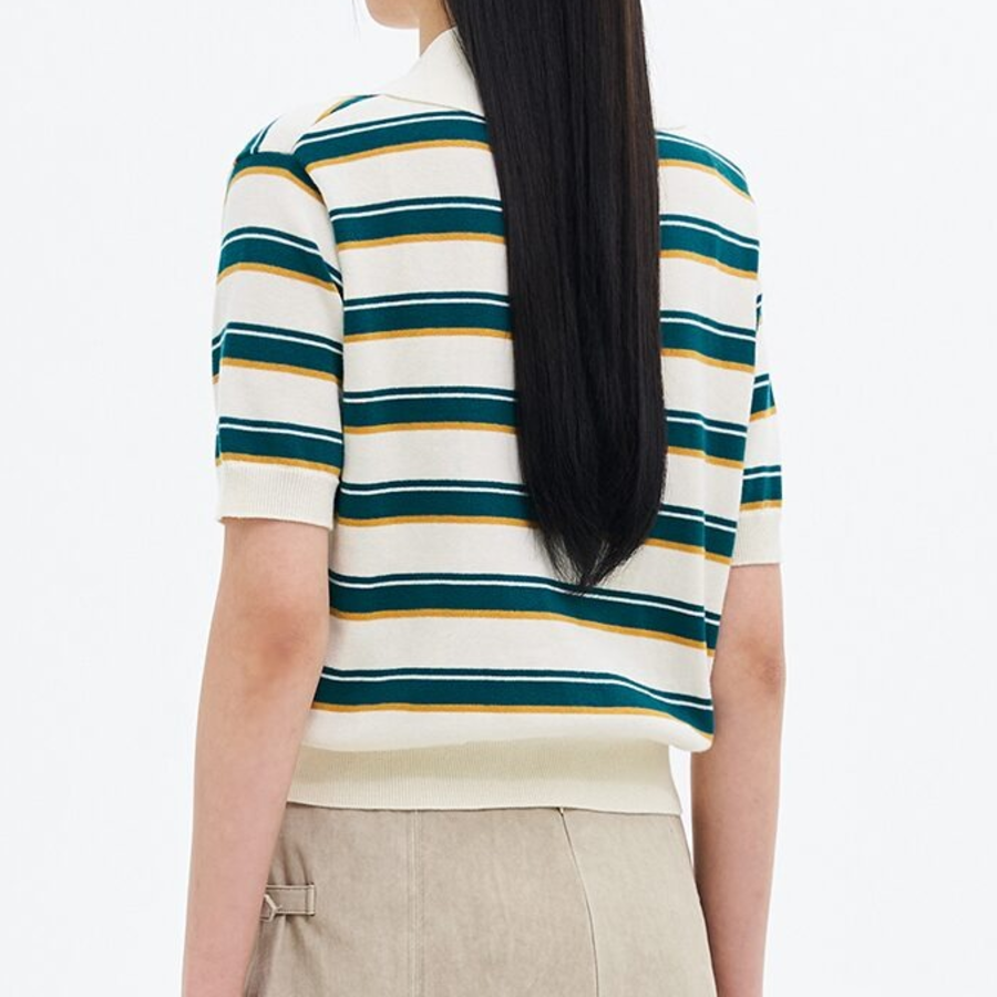 8 seconds Multi Stripe Collar Knit Pullover — Green