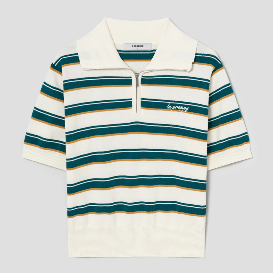 8 seconds Multi Stripe Collar Knit Pullover — Green