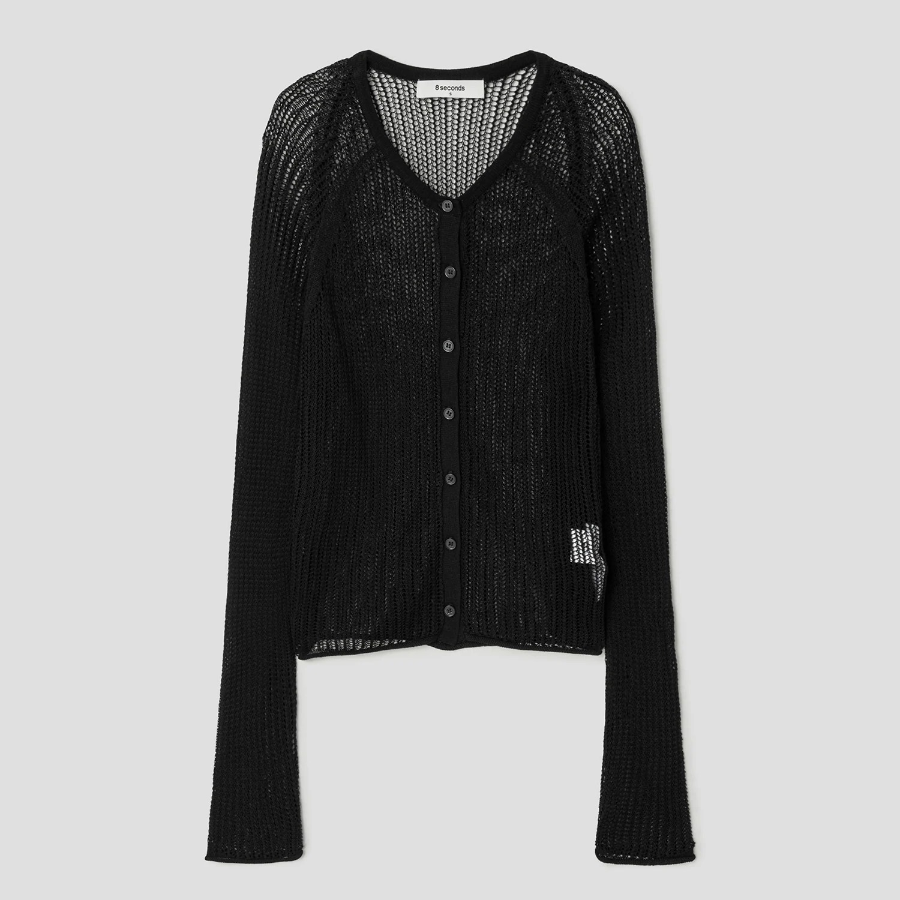 8 seconds Openwork Round Neck Summer Cardigan — Black