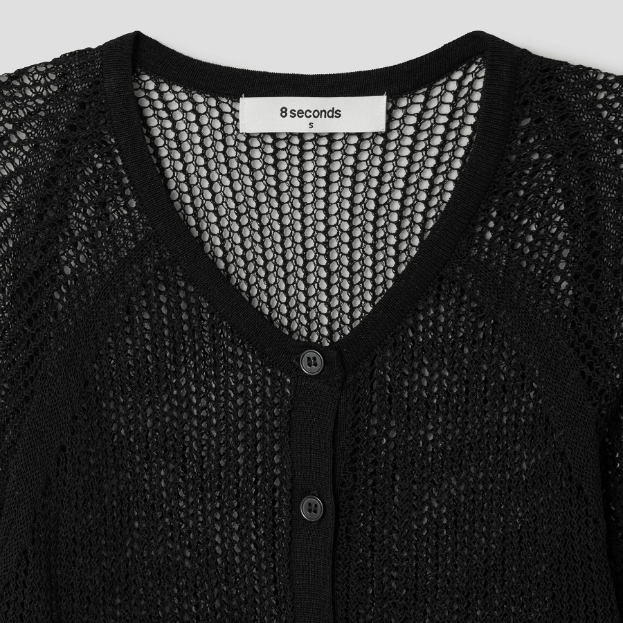 8 seconds Openwork Round Neck Summer Cardigan — Black