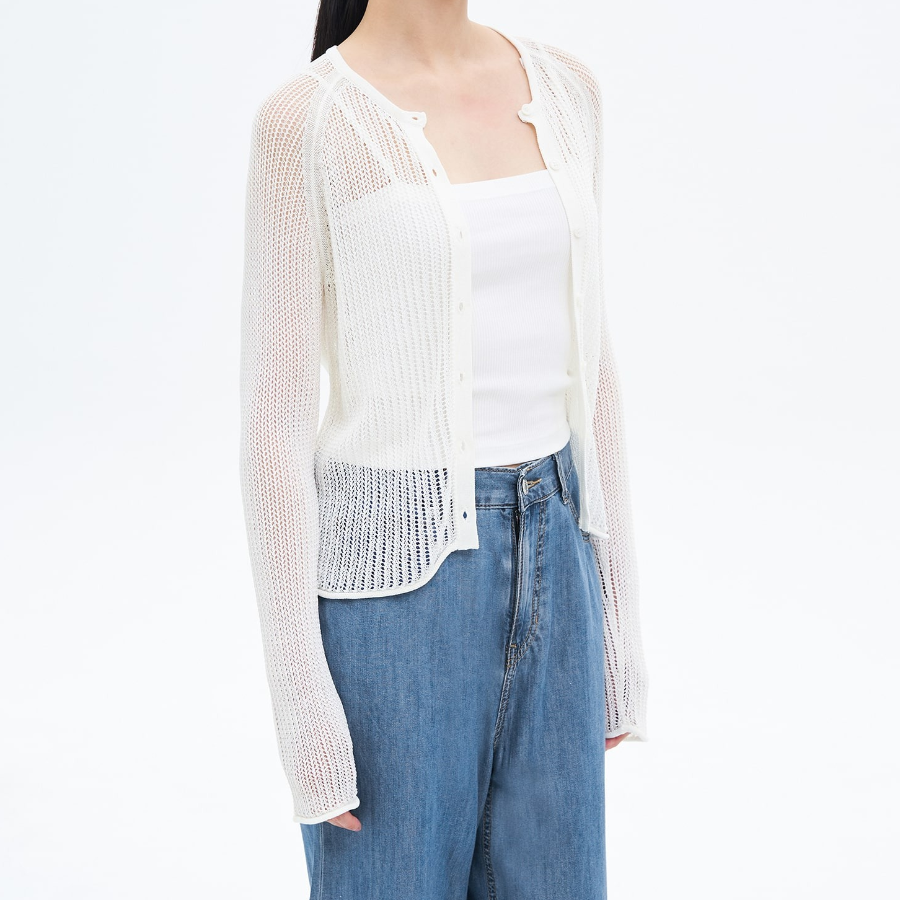 8 seconds Openwork Round Neck Summer Cardigan — White