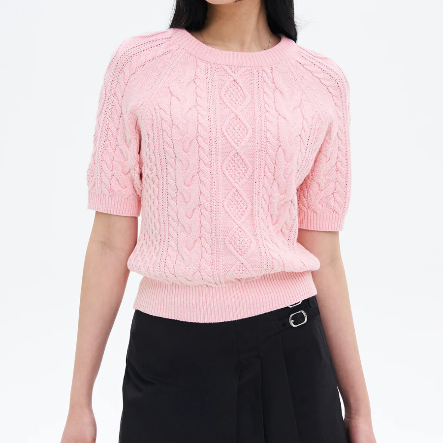 8 seconds Cable Short Sleeve Pullover — Light Pink