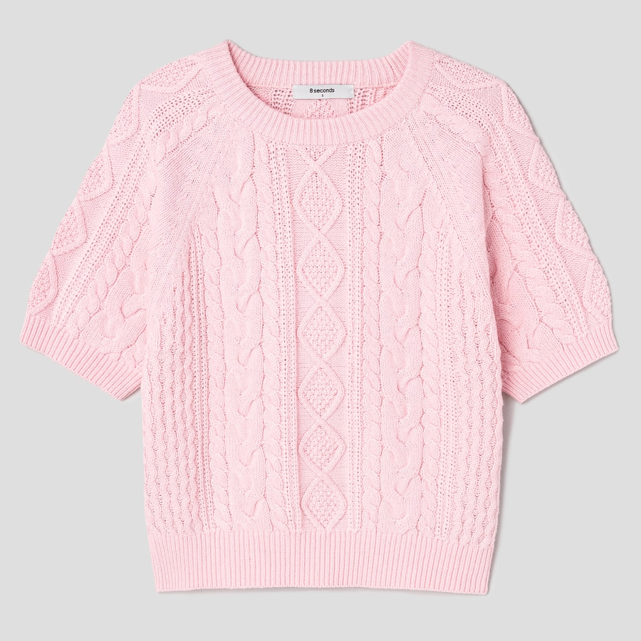 8 seconds Cable Short Sleeve Pullover — Light Pink