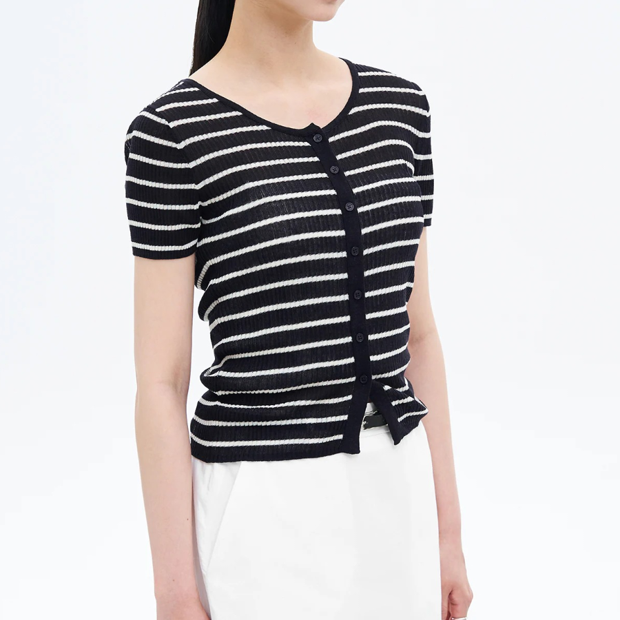 8 seconds Ribbed Stripe Short Sleeve Cardigan — Navy