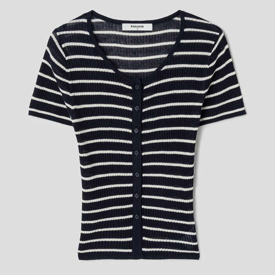 8 seconds Ribbed Stripe Short Sleeve Cardigan — Navy