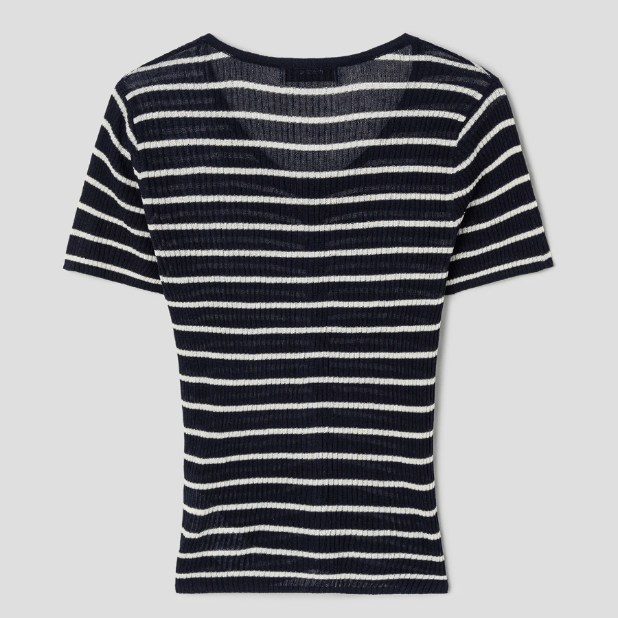 8 seconds Ribbed Stripe Short Sleeve Cardigan — Navy