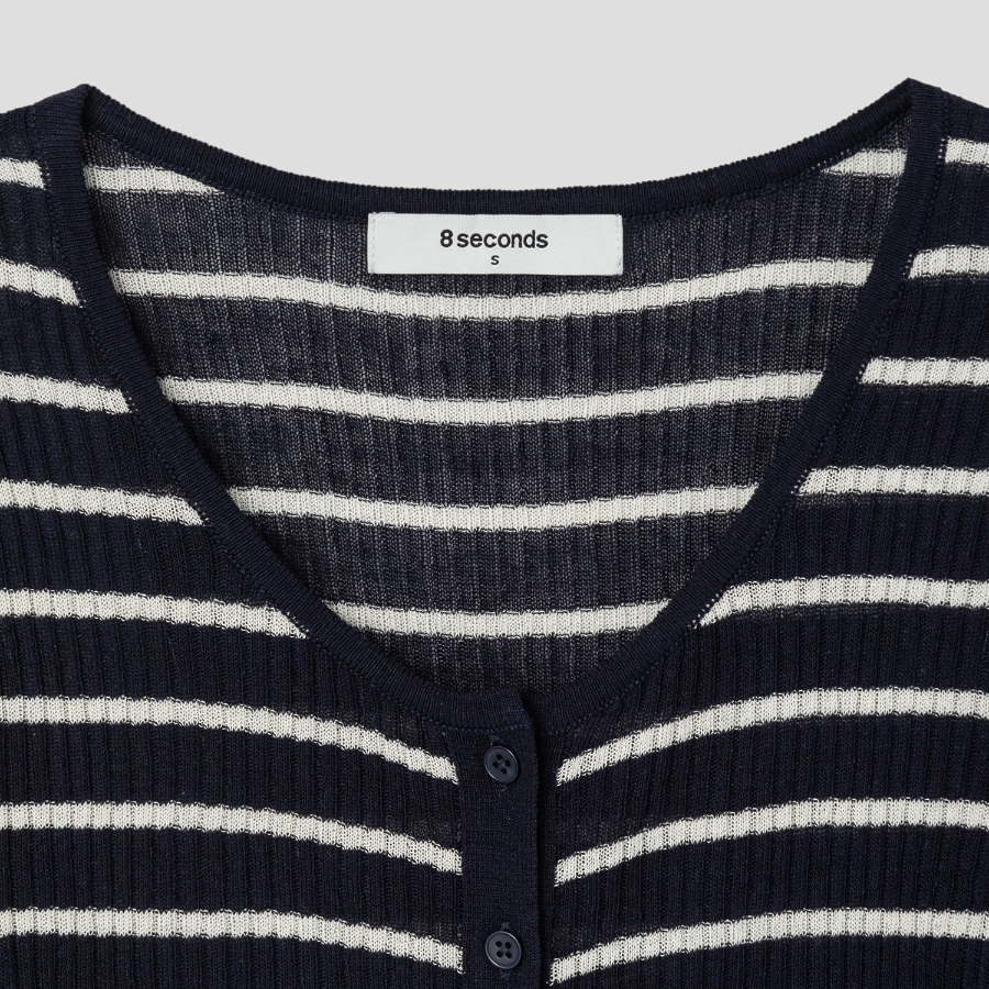8 seconds Ribbed Stripe Short Sleeve Cardigan — Navy