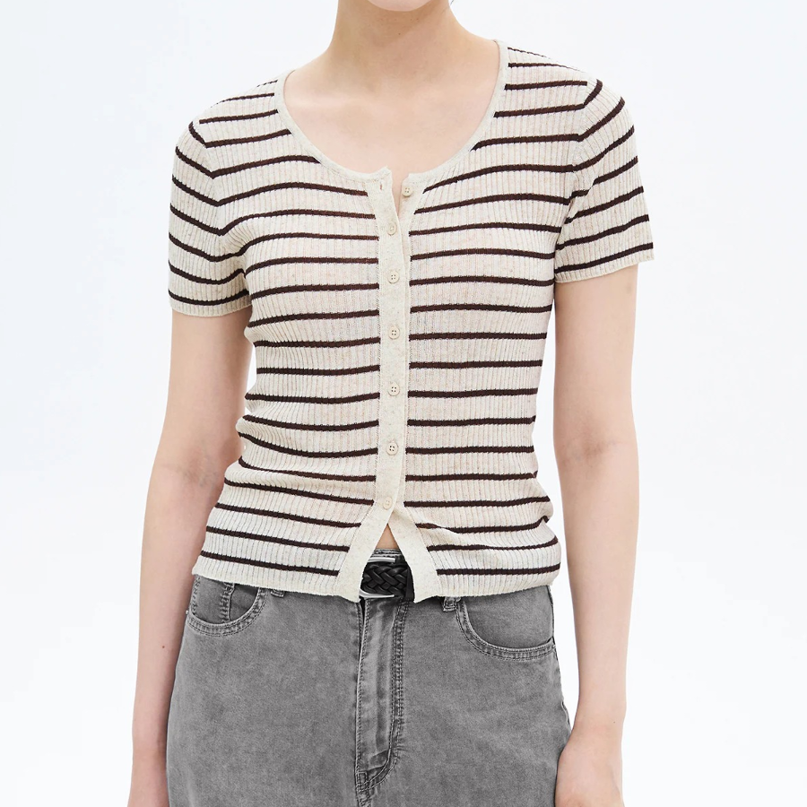 8 seconds Ribbed Stripe Short Sleeve Cardigan — Beige