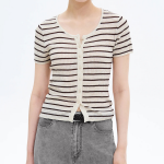 8 seconds Ribbed Stripe Short Sleeve Cardigan — Beige