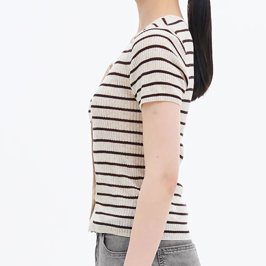 8 seconds Ribbed Stripe Short Sleeve Cardigan — Beige