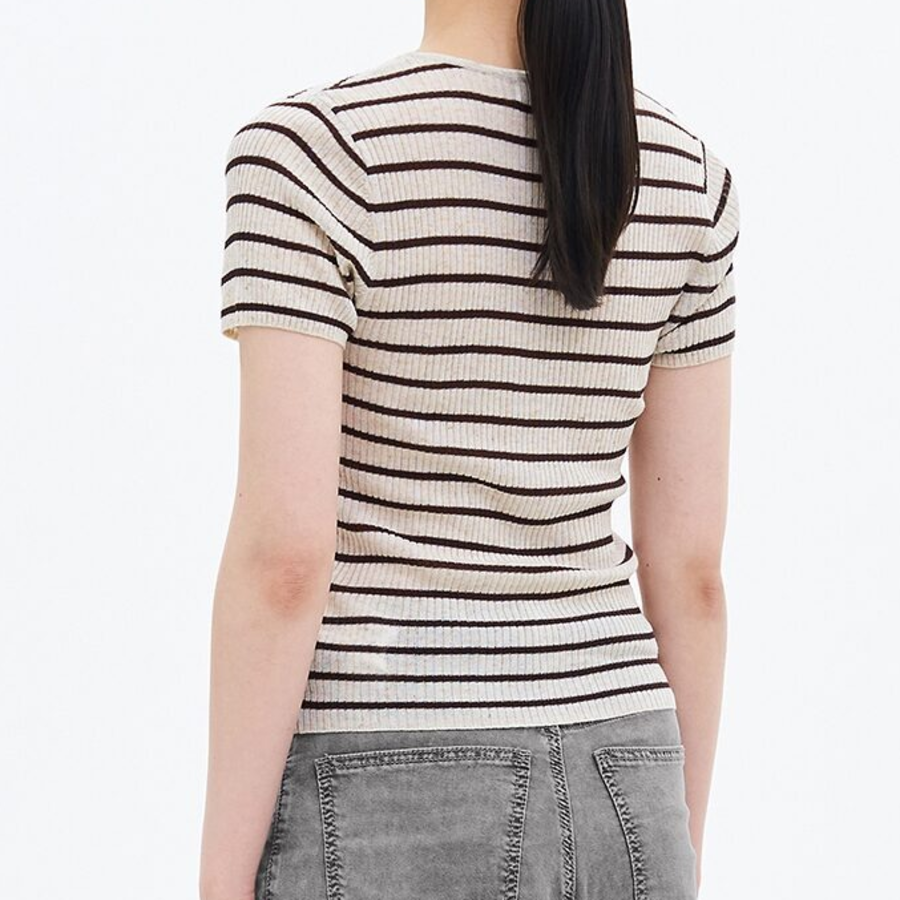 8 seconds Ribbed Stripe Short Sleeve Cardigan — Beige