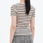 8 seconds Ribbed Stripe Short Sleeve Cardigan — Beige