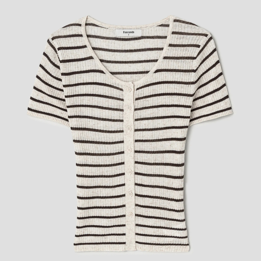 8 seconds Ribbed Stripe Short Sleeve Cardigan — Beige