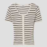 8 seconds Ribbed Stripe Short Sleeve Cardigan — Beige