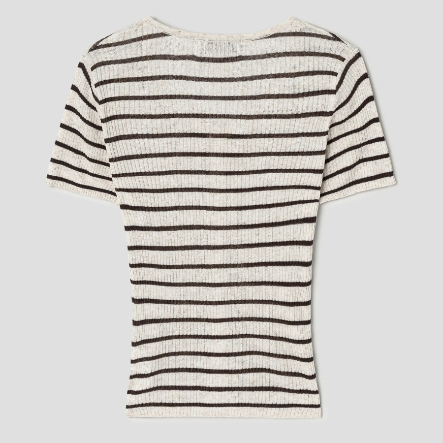8 seconds Ribbed Stripe Short Sleeve Cardigan — Beige