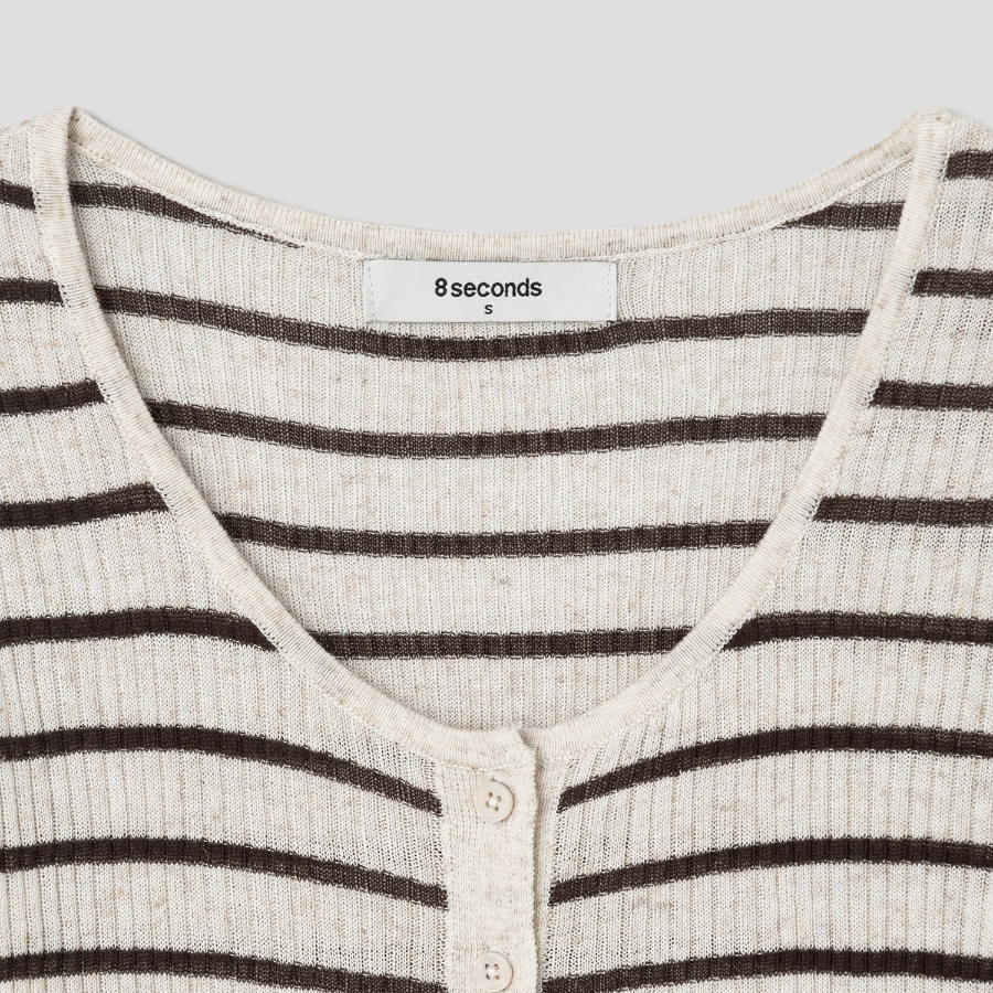 8 seconds Ribbed Stripe Short Sleeve Cardigan — Beige