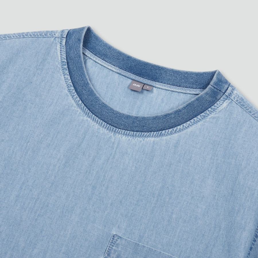 JAJU Men’s Chambray Denim Short Sleeve T-Shirt – Light Blue