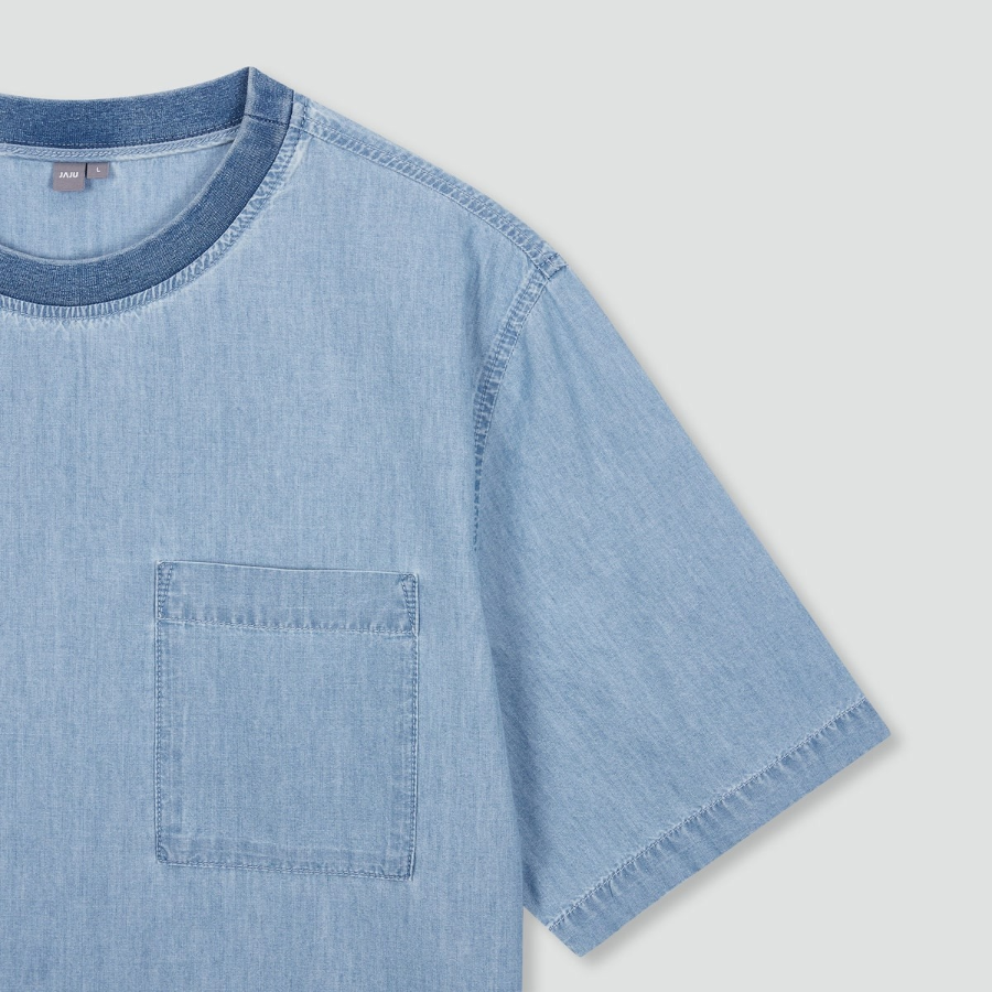 JAJU Men’s Chambray Denim Short Sleeve T-Shirt – Light Blue