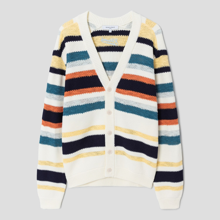 Maison Kitsune Men Comfort Striped Cardigan - Ecru/Multi Stripes