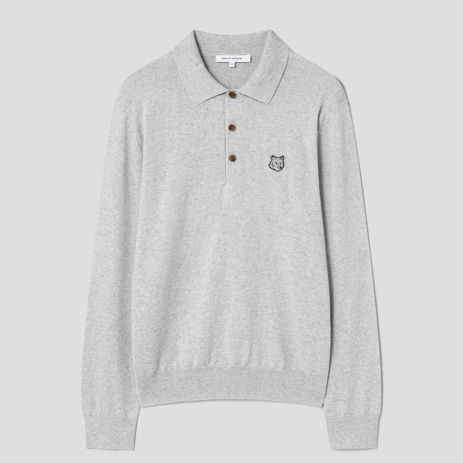 Maison Kitsune Men Tonal Fox Head Patch Polo Jumper - Light Grey Melange