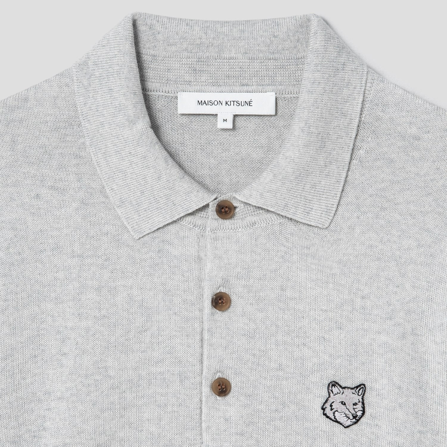 Maison Kitsune Men Tonal Fox Head Patch Polo Jumper - Light Grey Melange