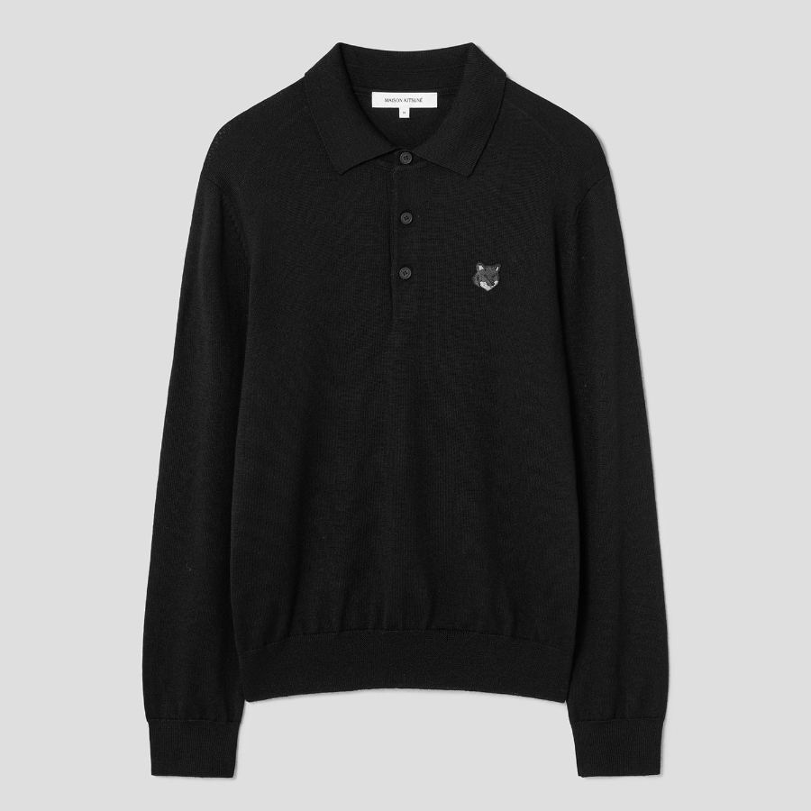 Maison Kitsune Men Tonal Fox Head Patch Polo Jumper - Black