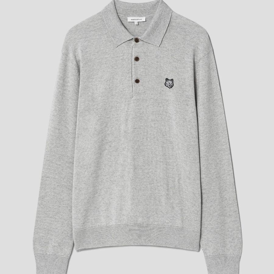Maison Kitsune Men Bold Fox Head Patch Polo Jumper - Light Grey Melange