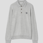 Maison Kitsune Men Bold Fox Head Patch Polo Jumper - Light Grey Melange