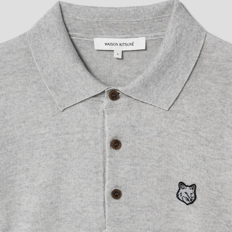Maison Kitsune Men Bold Fox Head Patch Polo Jumper - Light Grey Melange