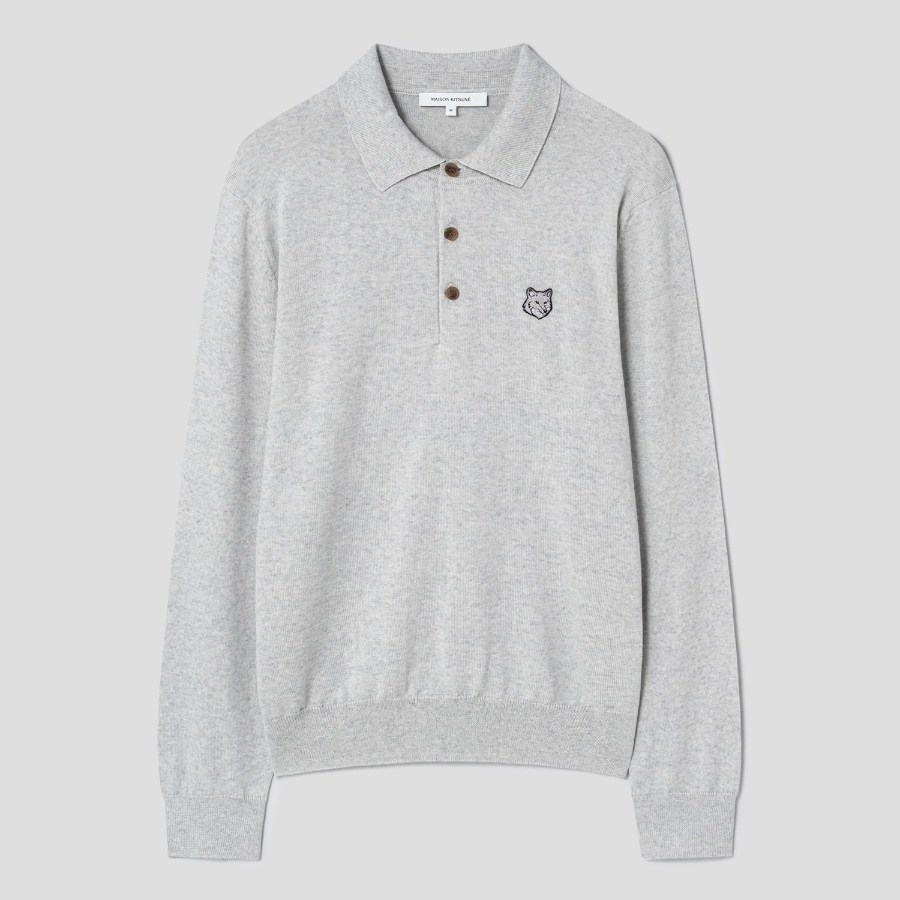 Maison Kitsune Men Tonal Fox Head Patch Polo Jumper - Light Grey Melange