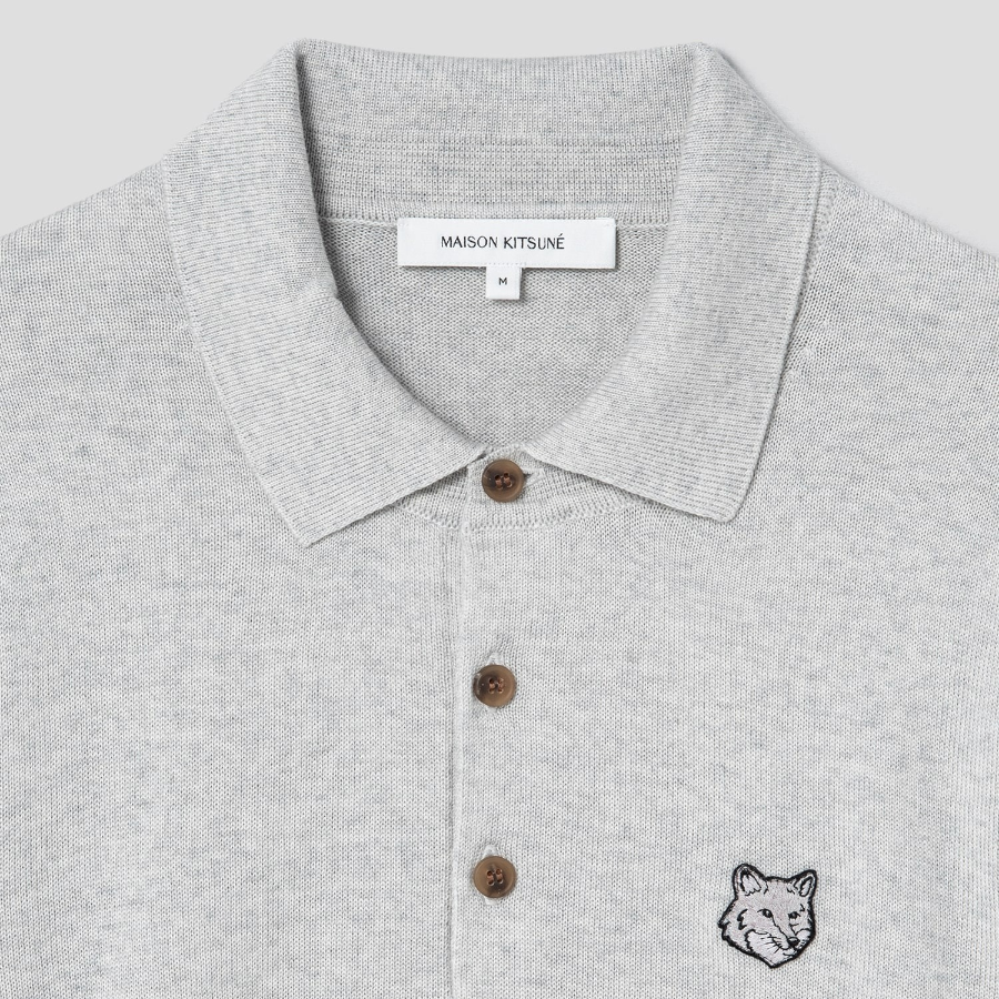 Maison Kitsune Men Tonal Fox Head Patch Polo Jumper - Light Grey Melange
