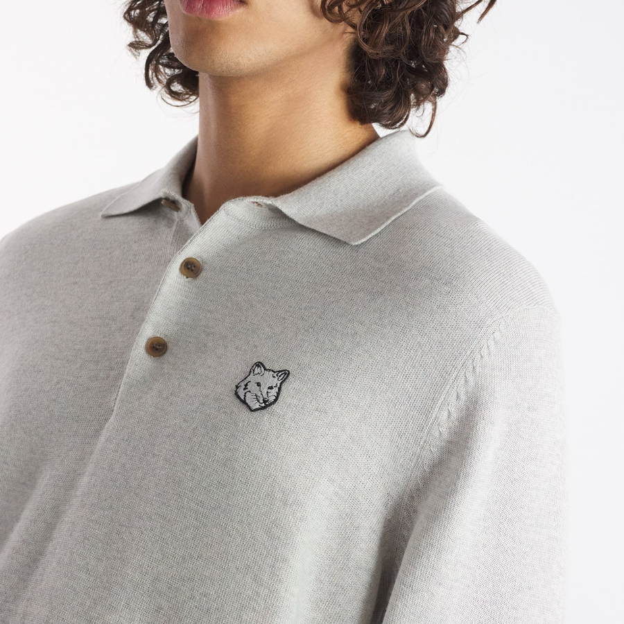 Maison Kitsune Men Tonal Fox Head Patch Polo Jumper - Light Grey Melange