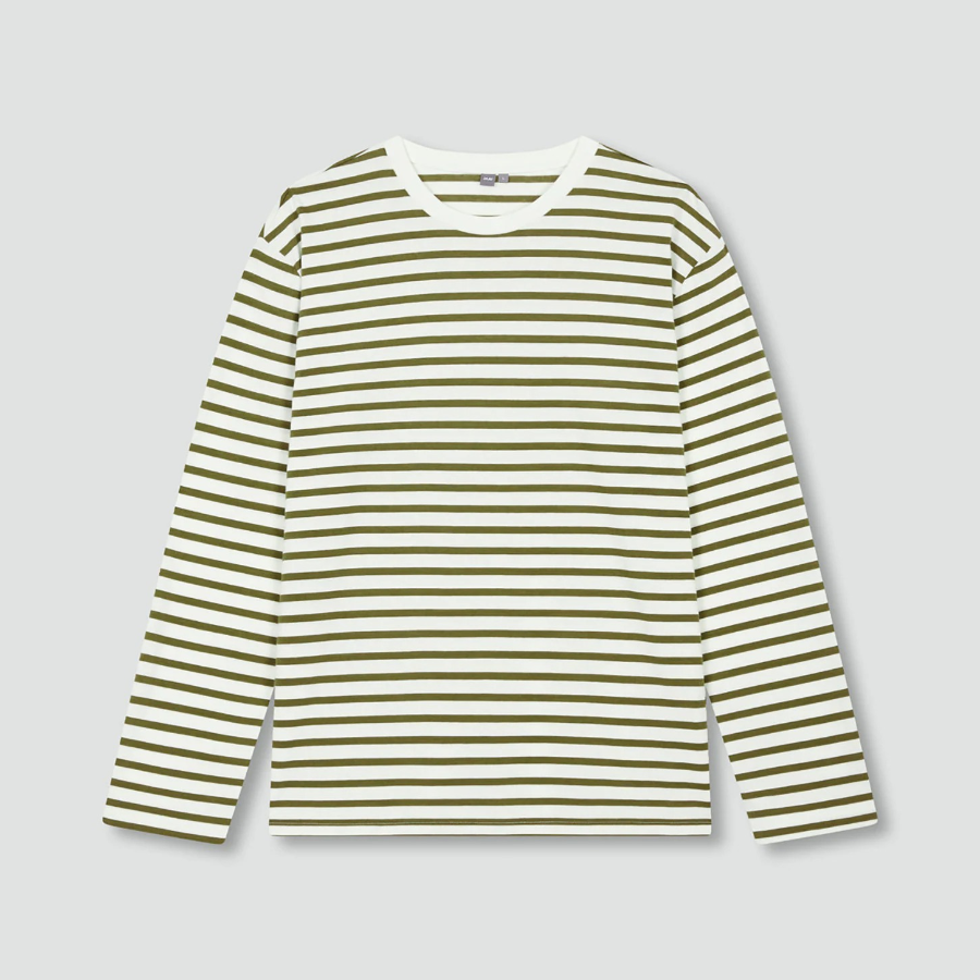 JAJU Men’s Striped Cotton Long Sleeve T-Shirt – Olive/White