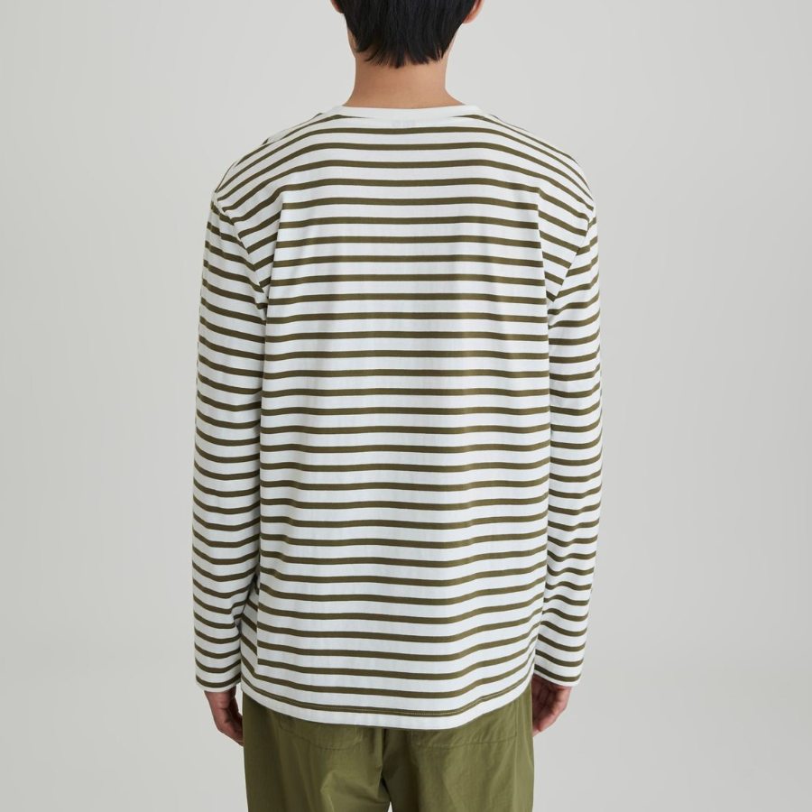 JAJU Men’s Striped Cotton Long Sleeve T-Shirt – Olive/White
