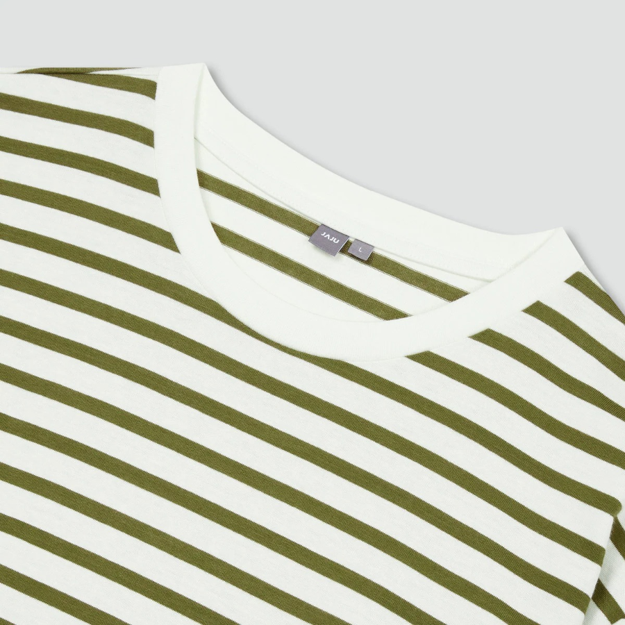 JAJU Men’s Striped Cotton Long Sleeve T-Shirt – Olive/White